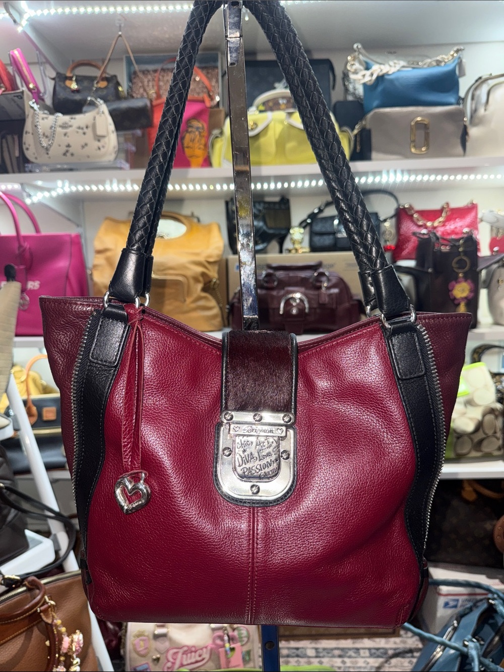 Brighton Rare Vintage Red Burgundy Leather Shoulder Bag with Black handles